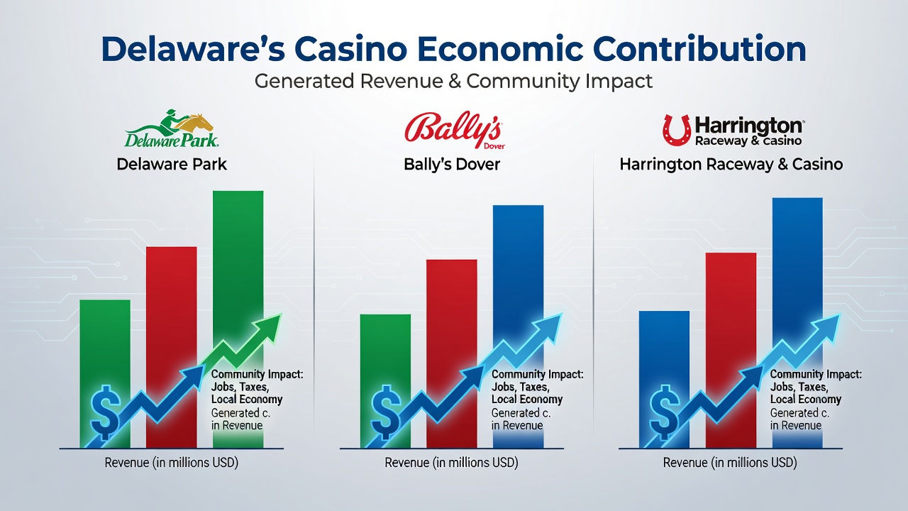 Close-up view of casino revenue reports and charts showing monthly figures for Delaware gaming facilities