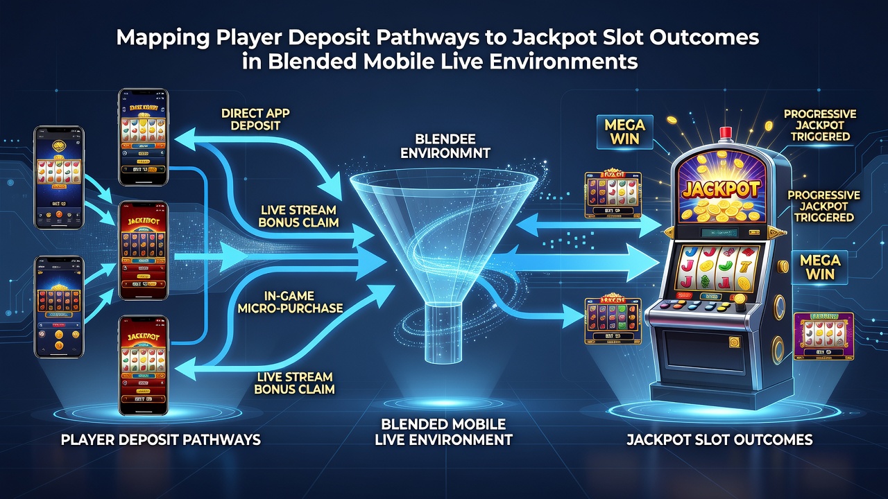 Data flow diagram showing deposit sequences leading to jackpot slot triggers across mobile live environments